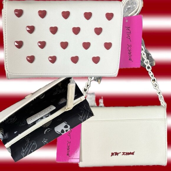 Betsey Johnson White Fold Over Magnetic Close Red Heart Studs Crossbody Handbag - Picture 1 of 9